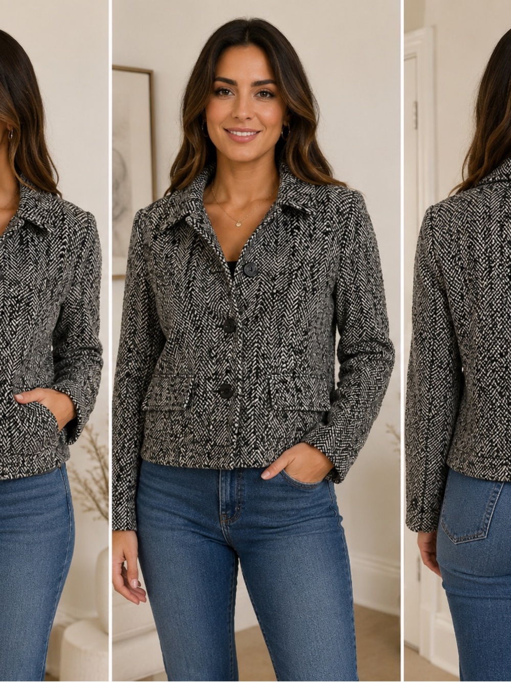 Elliott Lauren Black & White Herringbone Button-Front Blazer